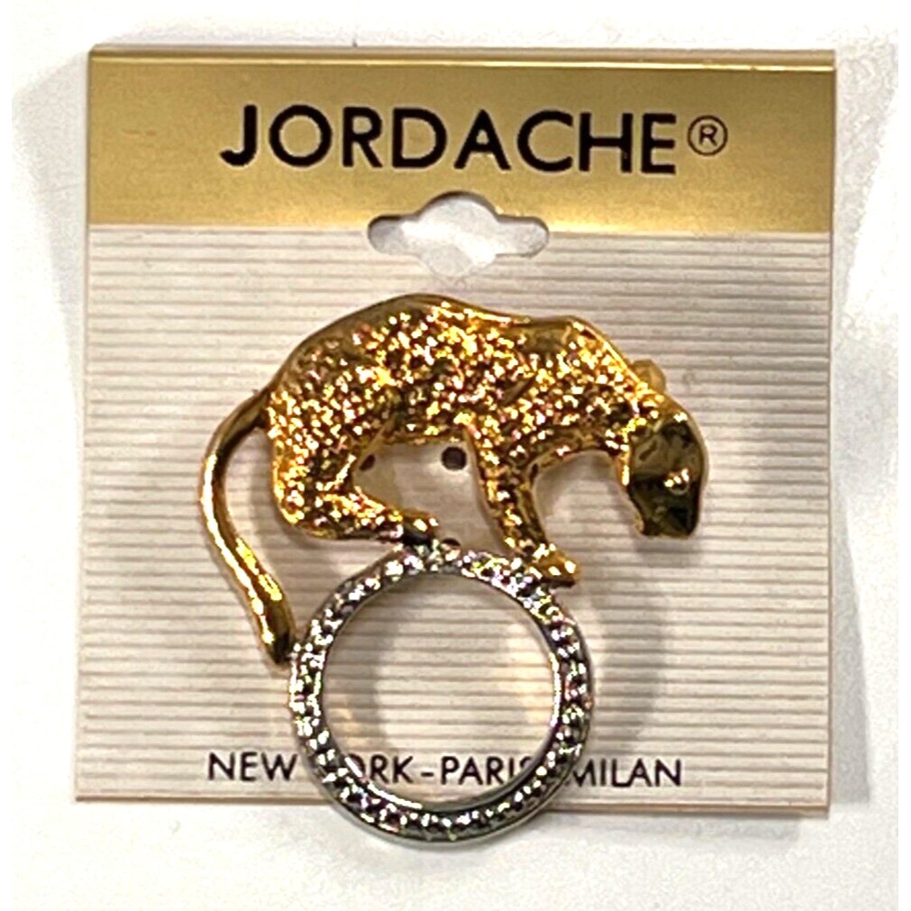 Jordache Brooch Pin Vintage Gold Tone Jaguar On Silver Tone Ring Nos On Pin Card